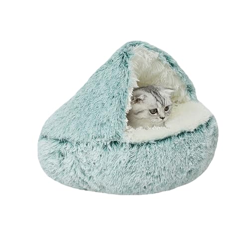 Katzenbett mit Kapuze, rund, Plüsch, Anti-Angst, Haustierbett für Kätzchen und Welpen, weiche Schlafhöhlen, Donut-Kätzchennest mit rutschfester Unterseite, 65 x 65 x 20 cm, Grün von XIEMINLE