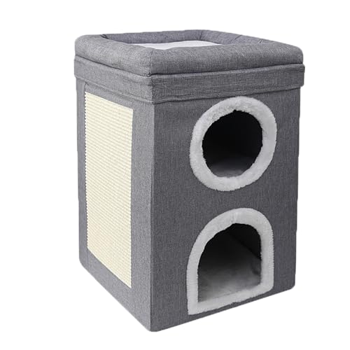 Katzenhaus für den Innenbereich, 2-lagig, Katzenhütte mit Kratzbrett, faltbar, großes Kätzchenbett, Höhlen, gemütliches Haustier-Iglu-Zelt, Haustier-Schlafhöhle für mehrere Kätzchen (Grau) von XIEMINLE