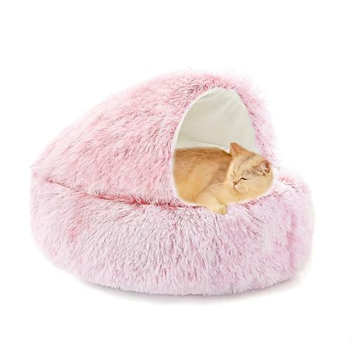 Katzenhöhle für den Innenbereich, Anti-Angst, flauschiges Donut-Katzenbett, mit Kapuze, Haustierbett, Plüsch, rund, maschinenwaschbar, Kätzchenhöhle mit rutschfester Unterseite (50 x 50 x 20 cm, Rosa) von XIEMINLE