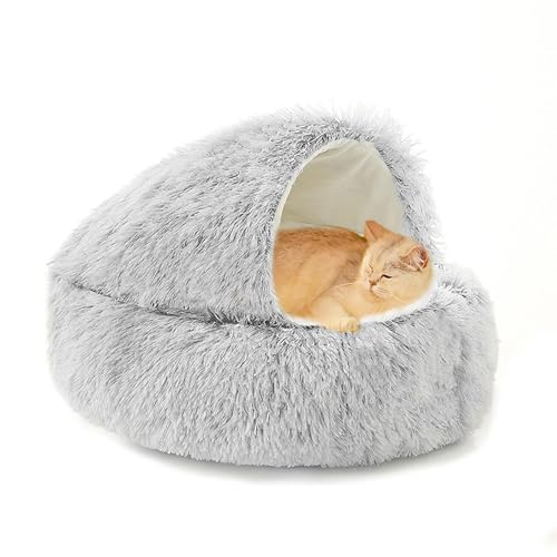 Katzenhöhle für den Innenbereich, Anti-Angst, flauschiges Donut-Katzenbett, mit Kapuze, Haustierbett, Plüsch, rund, maschinenwaschbar, Kätzchenhöhle mit rutschfester Unterseite (65 x 65 x 20 cm, Grau) Katzenhöhle für den Innenbereich, Anti-Angst, flauschiges Donut-Katzenbett, mit Kapuze, Haustierbett, Plüsch, rund, maschinenwaschbar, Kätzchenhöhle mit rutschfester Unterseite (65 x 65 x 20 cm, Grau) von XIEMINLE