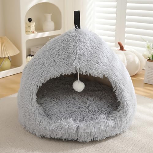 Katzenhöhlenbett für Haustiere, Plüsch-Katzen-Iglu-Haus, rutschfestes Zelt für Haustiere, warmer Unterschlupf mit abnehmbarem, waschbarem Kissen, Schlafhöhle für Kätzchen (58 x 58 x 47 cm, Hellgrau) Katzenhöhlenbett für Haustiere, Plüsch-Katzen-Iglu-Haus, rutschfestes Zelt für Haustiere, warmer Unterschlupf mit abnehmbarem, waschbarem Kissen, Schlafhöhle für Kätzchen (58 x 58 x 47 cm, Hellgrau) von XIEMINLE