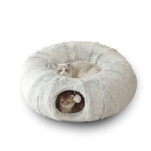 Katzentunnelbett für den Innenbereich, faltbar, Donut-Katzenhöhlen, Plüsch, Kätzchen, Tunnel, waschbar, rundes Haustierbett mit flauschigem Ball, multifunktionale Haustier-Schlafhöhlen (Grau) von XIEMINLE