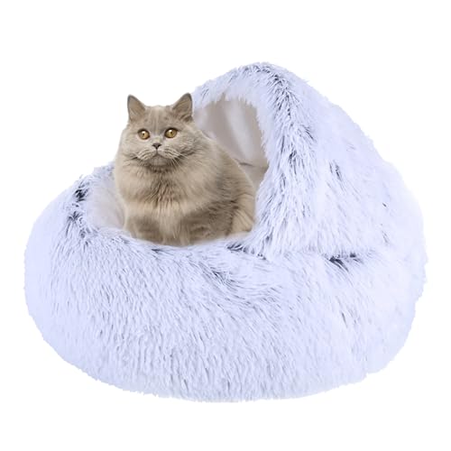 Plüsch Donut Katzenbett Haus, Katze Beruhigendes Bett Haustierkissen, rutschfestes Katzenzeltkissen Kätzchen Welpe Haustierbett, Katzennest Katzenhöhle Schlafbett Katzensofa waschbar, 60 cm, Grau 2 von XIEMINLE