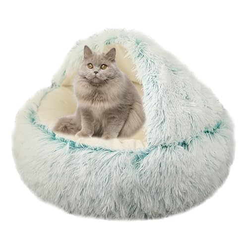 Plüsch Donut Katzenbett Haus, Katze Beruhigendes Bett Haustierkissen, rutschfestes Katzenzeltkissen Kätzchen Welpe Haustierbett, Katzennest Katzenhöhle Schlafbett Katzensofa waschbar, 60 cm, Grün 2 von XIEMINLE