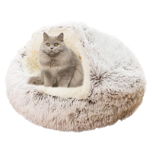 Plüsch Donut Katzenbett Haus, Katze Beruhigendes Bett Haustierkissen, rutschfestes Katzenzeltkissen Kätzchen Welpen Haustierbett, Katzennest Katzenhöhle Schlafbett Katzensofa waschbar, 60 cm, Kaffee1 von XIEMINLE