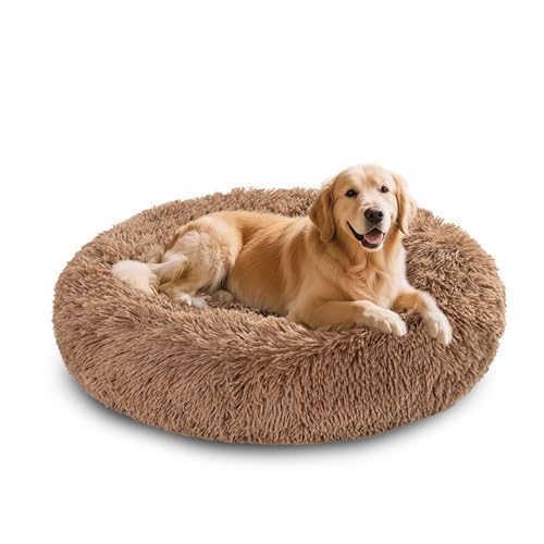 XIEMINLE Beruhigendes Donut-Hundebett, flauschig, Anti-Angst, waschbar, für Hunde und Katzen, Plüschkissen, runde Katzenmatte, warme Welpenmatratze mit rutschfester Unterseite (60 cm, Khaki) von XIEMINLE