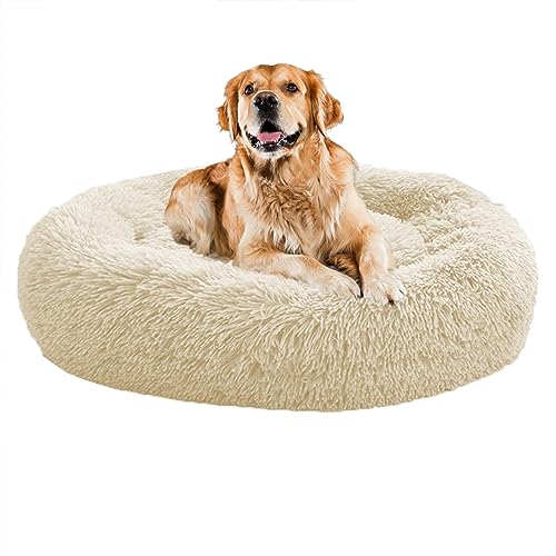 XIEMINLE Beruhigendes Donut-Welpenbett, für Zuhause, Welpen, rund, Plüsch, waschbar, Hundesofa, Bett, Haustierkissen für kleine/mittelgroße Hunde, Katzen, Hundekissenkorb, 100 cm, Beige von XIEMINLE