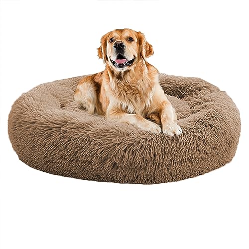 XIEMINLE Beruhigendes Donut-Welpenbett, für Zuhause, Welpen, rund, Plüsch, waschbar, Hundesofa, Bett, Haustierkissen für kleine/mittelgroße Hunde, Katzen, Hundekissenkorb, 120 cm, Khaki von XIEMINLE