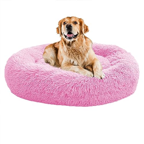 XIEMINLE Beruhigendes Donut-Welpenbett, für Zuhause, Welpen, rund, Plüsch, waschbar, Hundesofa, Bett, Haustierkissen für kleine/mittelgroße Hunde, Katzen, Hundekissenkorb, 120 cm, Rosa von XIEMINLE