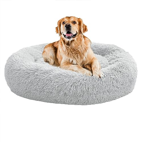 XIEMINLE Beruhigendes Donut-Welpenbett, für Zuhause, Welpen, rund, Plüsch, waschbar, Hundesofa, Bett, Haustierkissen für kleine/mittelgroße Hunde, Katzen, Hundekissenkorb, 130 cm, Grau von XIEMINLE