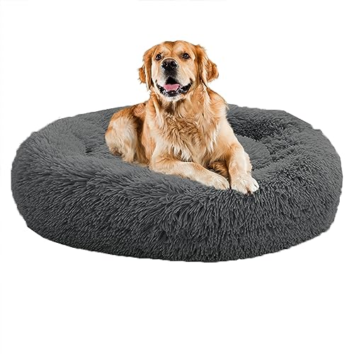 XIEMINLE Beruhigendes Donut-Welpenbett, für Zuhause, Welpen, rund, Plüsch, waschbar, Hundesofa, Bett, Haustierkissen für kleine/mittelgroße Hunde, Katzen, Hundekissenkorb, 140 cm, Grau 2 von XIEMINLE