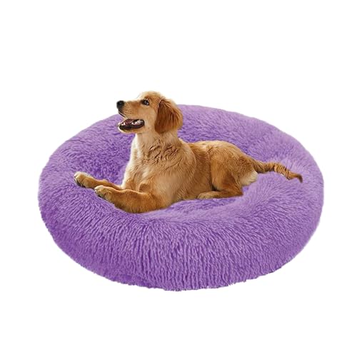 XIEMINLE Beruhigendes Hundebett, rundes Kissen mit Nackenrolle für mittelgroße und große Hunde, orthopädisches Haustierkissen, waschbar, flauschig, Welpennest mit rutschfester Unterseite, 150 cm, Lila von XIEMINLE