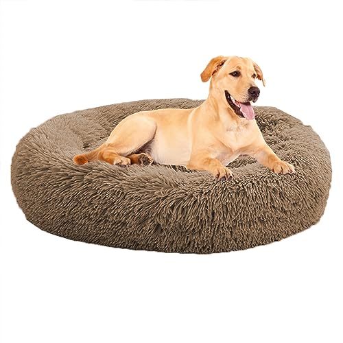 XIEMINLE Dog Beds Beruhigendes Haustierbett für große, mittelgroße und kleine Hunde, Katzen, beruhigendes Donut-Welpenbett, rundes Plüsch-Hundebett, Donut-Kissenbett, Welpenkuschelbett, 80 cm, Khaki von XIEMINLE