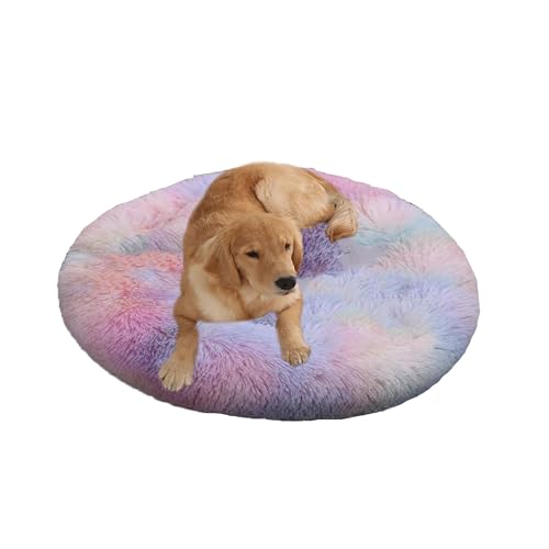 XIEMINLE Donut-Hundebett aus Plüsch, beruhigend, Anti-Angst, rundes orthopädisches Haustierkissen, warme Hundematte, waschbar, Welpenmatratze, großer Welpenkorb mit rutschfester Unterseite (130 cm von XIEMINLE