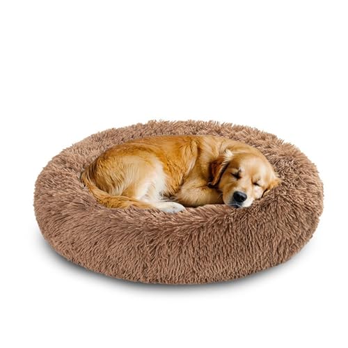 XIEMINLE Donut großes Hundebett, rund, beruhigend, Anti-Angst, Haustierbett, weich, waschbar, Hunde- und Katzenkissen, flauschig, warm, Plüsch-Welpenmatte mit rutschfester Unterseite (130 cm, Khaki) von XIEMINLE