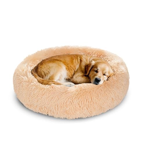 XIEMINLE Donut großes Hundebett, rund, beruhigend, Anti-Angst, Haustierbett, weich, waschbar, Hunde- und Katzenkissen, flauschig, warm, Plüsch-Welpenmatte mit rutschfester Unterseite (150 cm, Beige) von XIEMINLE