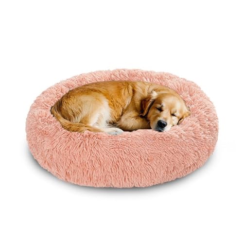 XIEMINLE Donut großes Hundebett, rund, beruhigend, Anti-Angst, Haustierbett, weich, waschbar, Hunde- und Katzenkissen, flauschig, warm, Plüsch-Welpenmatte mit rutschfester Unterseite (150 cm, Rosa) von XIEMINLE