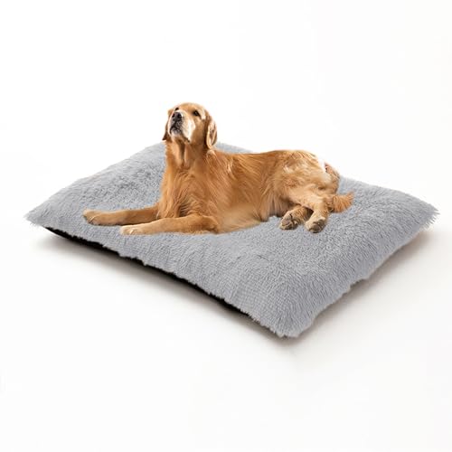 XIEMINLE Großes Hundebett, Plüschkissen, flauschig, Anti-Angst-Hundematratze, waschbar, weich, bequem, gepolstert, mit rutschfester Unterseite, 78 x 55 x 10 cm, Hellgrau von XIEMINLE