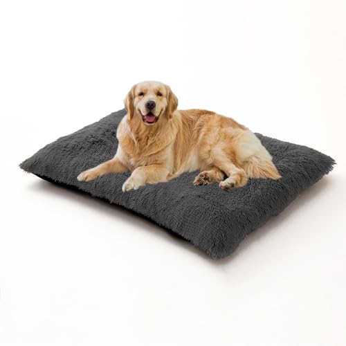 XIEMINLE Großes Hundebett, waschbar, flauschig, Anti-Angst, Haustierkäfig-Matratze, weiches Plüschkissen für Kiste, bequeme Welpenbetten mit rutschfester Unterseite (65 x 48 x 8 cm, Dunkelgrau) von XIEMINLE