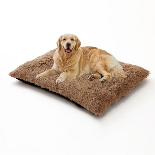 XIEMINLE Großes Hundebett, waschbar, flauschig, Anti-Angst, Haustierkäfig-Matratze, weiches Plüschkissen für Kiste, bequeme Welpenbetten mit rutschfester Unterseite (65 x 48 x 8 cm, Khaki) von XIEMINLE