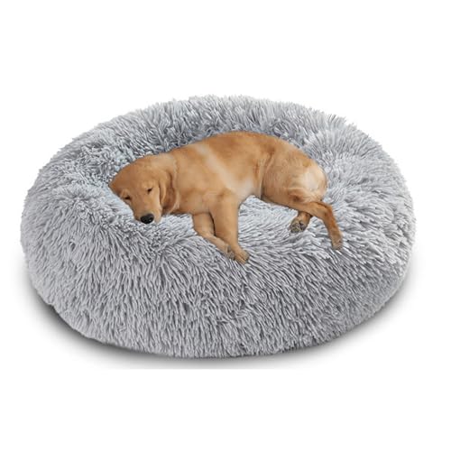 XIEMINLE Großes rundes Hundebett für den Innenbereich, Plüsch, selbstwärmendes Haustierbett, weiches Welpen-Kuschelnest, flauschiges Hundekissen, waschbar, Donut-Haustiermatratze mit rutschfester von XIEMINLE