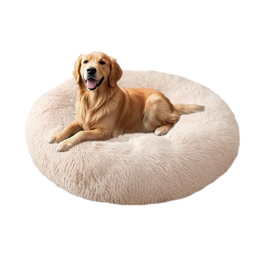 XIEMINLE Hundebett, Plüsch, selbstwärmend, maschinenwaschbar, großes Donut-Haustierbett, runde Welpenmatratze, beruhigende Welpenmatte mit rutschfester Unterseite (130 cm, gebrochenes Weiß) von XIEMINLE