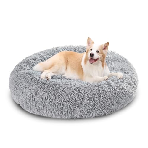 XIEMINLE Hundebett, flauschig, Anti-Angst, weiches Donut-Hundekissen, gemütlich, rund, maschinenwaschbar, Welpenkorb, warme Welpenmatte mit rutschfester Unterseite (150 cm, Hellgrau) von XIEMINLE