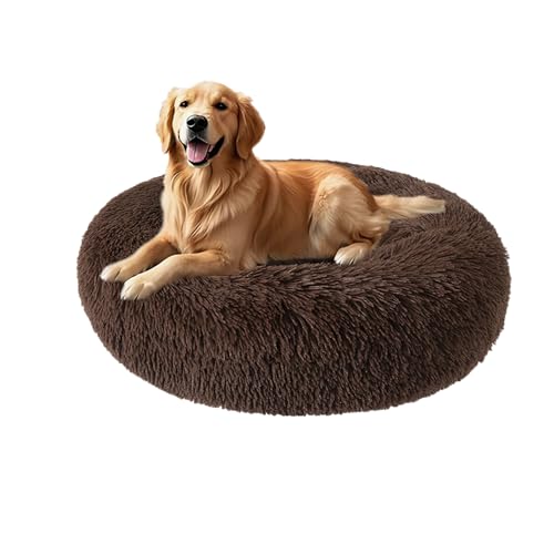XIEMINLE Hundebett aus Plüsch, selbstwärmend, maschinenwaschbar, großes Donut-Haustierbett, runde Welpenmatratze, beruhigende Welpenmatte mit rutschfester Unterseite (110 cm, Braun) von XIEMINLE