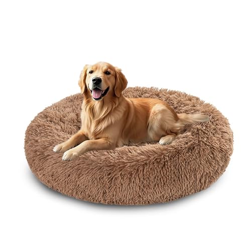 XIEMINLE Hundebett aus Plüsch, selbstwärmend, maschinenwaschbar, großes Donut-Haustierbett, runde Welpenmatratze, beruhigende Welpenmatte mit rutschfester Unterseite (110 cm, Khaki) von XIEMINLE
