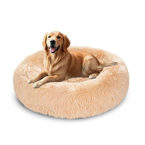 XIEMINLE Hundebett aus Plüsch, selbstwärmend, maschinenwaschbar, großes Donut-Haustierbett, runde Welpenmatratze, beruhigende Welpenmatte mit rutschfester Unterseite (140 cm, Beige) von XIEMINLE