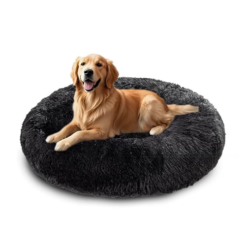 XIEMINLE Hundebett aus Plüsch, selbstwärmend, maschinenwaschbar, großes Donut-Haustierbett, runde Welpenmatratze, beruhigende Welpenmatte mit rutschfester Unterseite (140 cm, Schwarz) von XIEMINLE