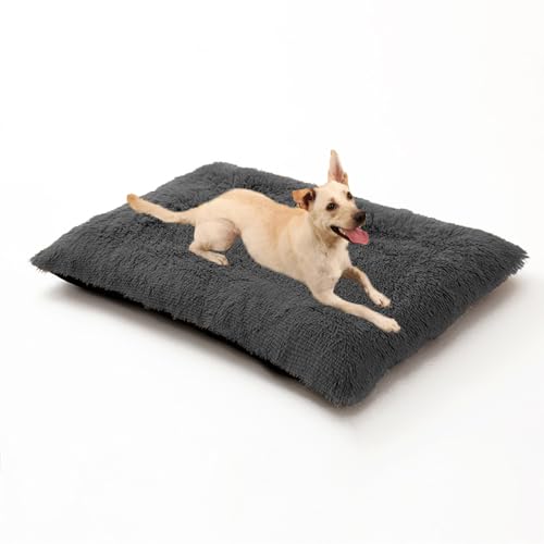 XIEMINLE Hundebett aus Plüsch, warm, waschbar, weich, beruhigend, gepolstert, bequem, mit rutschfester Unterseite, für mittelgroße und große Hunde (65 x 48 x 8 cm, Dunkelgrau) von XIEMINLE