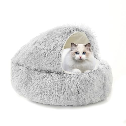 XIEMINLE Katzenbett mit Kapuze, rundes Haustier-Schlafkissen, maschinenwaschbar, Katzenbett, Höhle, beruhigende Haustierhöhle, Plüsch, Donut-Kuschelnest mit rutschfester Unterseite, für Welpen und von XIEMINLE