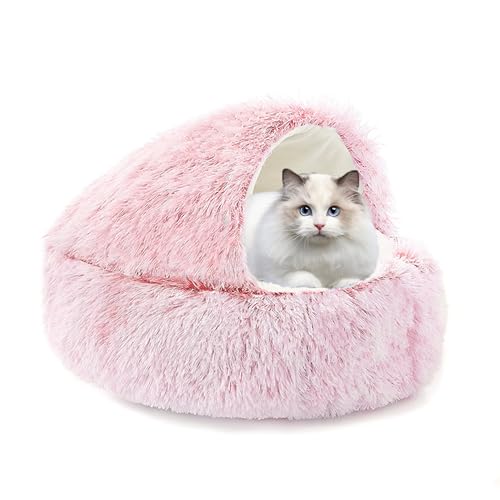 XIEMINLE Katzenbett mit Kapuze, rundes Haustier-Schlafkissen, maschinenwaschbar, Katzenbett, Höhle, beruhigende Haustierhöhle, Plüsch, Donut-Kuschelnest mit rutschfester Unterseite, für Welpen und von XIEMINLE
