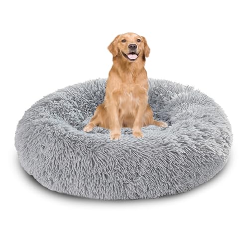XIEMINLE Rundes Hundebett, Donut-Haustierbett, gemütlich, Anti-Angst, maschinenwaschbar, Haustierkissen, flauschige Katzenmatratze, beruhigende Welpenmatte mit rutschfester Unterseite (60 cm, Hellgrau von XIEMINLE