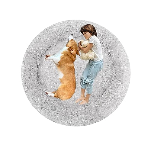 XIEMINLE Rundes Hundebett Hundesofa, Hundebett Mittelgroße Hunde, Orthopädisches Hundebett Welpen Kissen, Donut Haustierbett für Hund, Katzenbett Hundekorb Waschbar, Flauschiges Katzenbett(Ø90cm) von XIEMINLE