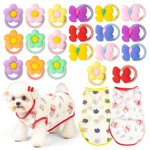 20 Stück kleine Hundehaarschleifen und 2 Stück schnell trocknende Sommer-Welpen-Tank-Tops, handgefertigtes Welpenhaar-Accessoire mit Gummibändern, Sonnenschutz, dehnbare Hemden für Yorkie, Malteser von XIGOUPT