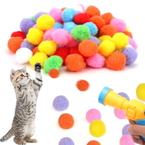 XIHIRCD 104 Stück Interaktives Katzenspielzeug, Ballwerfer für Katzenspielzeug mit 100 Pom Pom Bällen 3 Tischtennisbällen Katzenballwerfer Spielzeug für Kätzchen Hunde Spielen im Innenbereich von XIHIRCD
