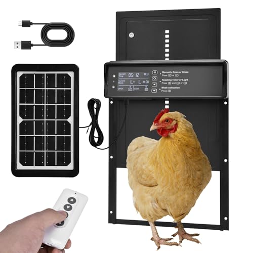 Automatische Hühnerklappe Solar, Aluminum Elektrische Hühnertür mit Großes Display, Lichtsensor, Timer, Fernbedienung, Intelligenter Einklemmschutz, Wasserdichter Automatisch Solar Rolltor von XIIW