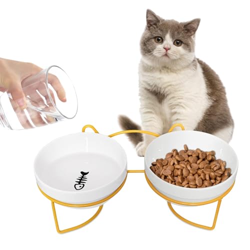 XIKAYA Erhöhter Katzennapf, 15° geneigter Doppel-Katzennapf reduziert den Druck auf die Halswirbel der Katze, verhindert EIN Überlaufen, geeignet für Katzen und Katzen von XIKAYA