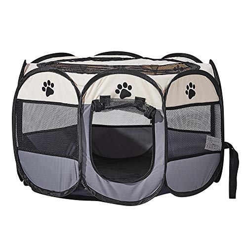 XIMINZ Faltbarer Laufstall für Hunde, Pop-Up-tragbarer Katzenlaufstall, Indoor/Outdoor, für Kätzchen, Welpen, Laufstall, Katzenkistenzelt mit Tragetasche, 600D Oxford (Beige + Grau, Groß, 8) von XIMINZ