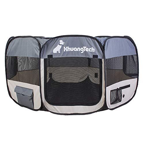 XIMINZ Faltbarer Laufstall für Hunde, Pop-Up-tragbarer Katzenlaufstall, Indoor/Outdoor, für Kätzchen, Welpen, Laufstall, Katzenkistenzelt mit Tragetasche, 600D Oxford (Beige + Grau, XL, 8) von XIMINZ