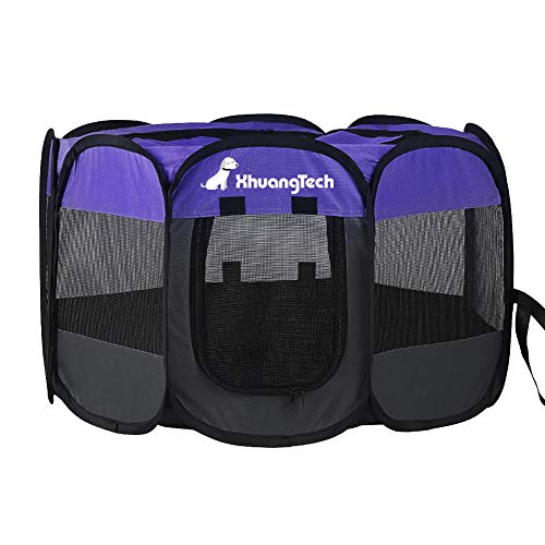 XIMINZ Faltbarer Laufstall für Hunde, Pop-Up-tragbarer Katzenlaufstall, Indoor/Outdoor, für Kätzchen, Welpen, Laufstall, Katzenkistenzelt mit Tragetasche, 600D Oxford (Lila + Schwarz, Groß, 8) von XIMINZ
