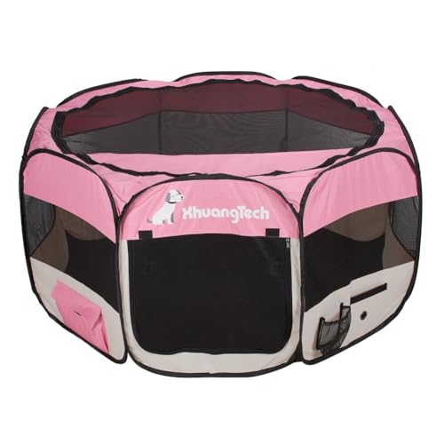 XIMINZ Faltbarer Laufstall für Hunde, Pop-Up-tragbarer Katzenlaufstall, Indoor/Outdoor, für Kätzchen, Welpen, Laufstall, Katzenkistenzelt mit Tragetasche, 600D Oxford (Pink + Beige, X-Large, 8) von XIMINZ