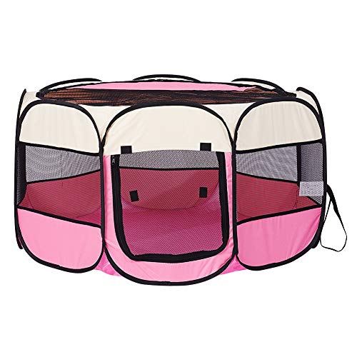 XIMINZ Faltbarer Laufstall für Hunde, Pop-Up-tragbarer Katzenlaufstall, Indoor/Outdoor, für Kätzchen, Welpen, Laufstall, Katzenkistenzelt mit Tragetasche, 600D Oxford (Rosa + Beige, Groß, 8) von XIMINZ