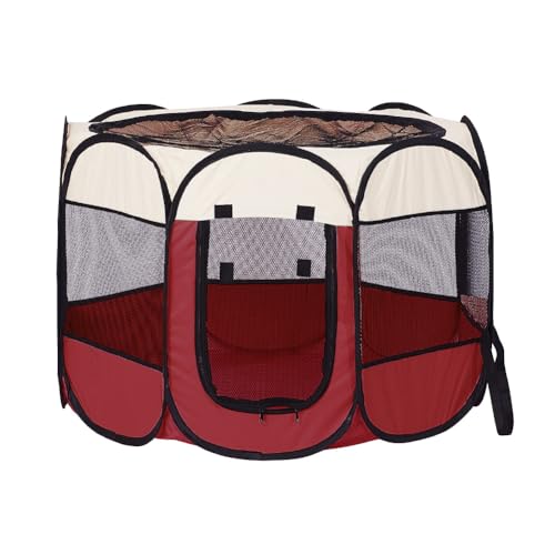 XIMINZ Faltbarer Laufstall für Hunde, Pop-Up-tragbarer Katzenlaufstall, Indoor/Outdoor, für Kätzchen, Welpen, Laufstall, Katzenkistenzelt mit Tragetasche, 600D Oxford (Rot + Beige, Medium, 8) von XIMINZ