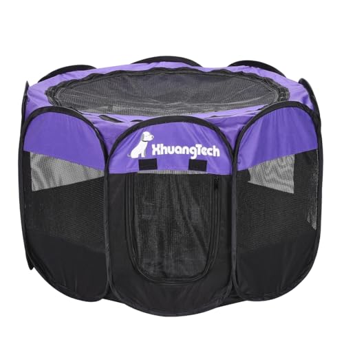 XIMINZ Faltbarer Laufstall für Hunde, Pop-Up-tragbarer Katzenlaufstall, Indoor/Outdoor, für Kätzchen, Welpen, Laufstall, Katzenkistenzelt mit Tragetasche, 600D Oxford (Violett + Schwarz, Medium, 8) XIMINZ Faltbarer Laufstall für Hunde, Pop-Up-tragbarer Katzenlaufstall, Indoor/Outdoor, für Kätzchen, Welpen, Laufstall, Katzenkistenzelt mit Tragetasche, 600D Oxford (Violett + Schwarz, Medium, 8) von XIMINZ