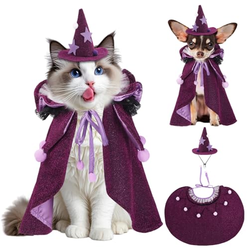 XIMISHOP Halloween-Katzenkostüme, klein, lustig, lila, Katzen-Zauberer-Umhang, verstellbarer Haustier-Zauberer-Umhang für kleine Hunde, Katzen, Welpen, Cosplay-Party, 2 Stück von XIMISHOP