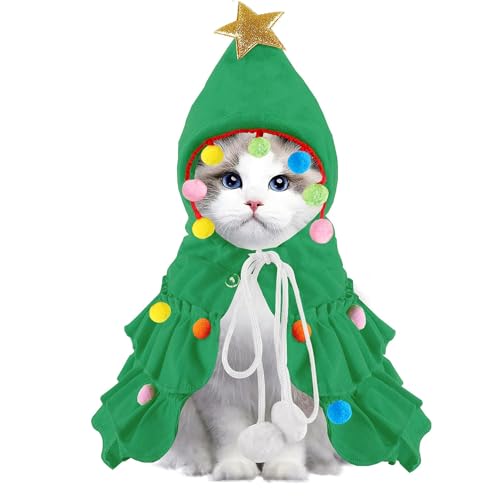 XIMISHOP Weihnachtskostüm Katzen Hunde Umhang,Katzenbekleidung Weihnachtsbaum Umhang Mit Design Stern und Bommel Klassische Grün Weihnachtskleidung Für Weihnacht Haustier Party von XIMISHOP