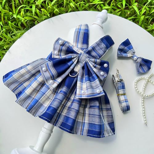 Elegantes Kariertes Haustierkleid mit Schleife & Leinen-Set - Stilvolles Hunde- & Katzenoutfit von XINGNIAO
